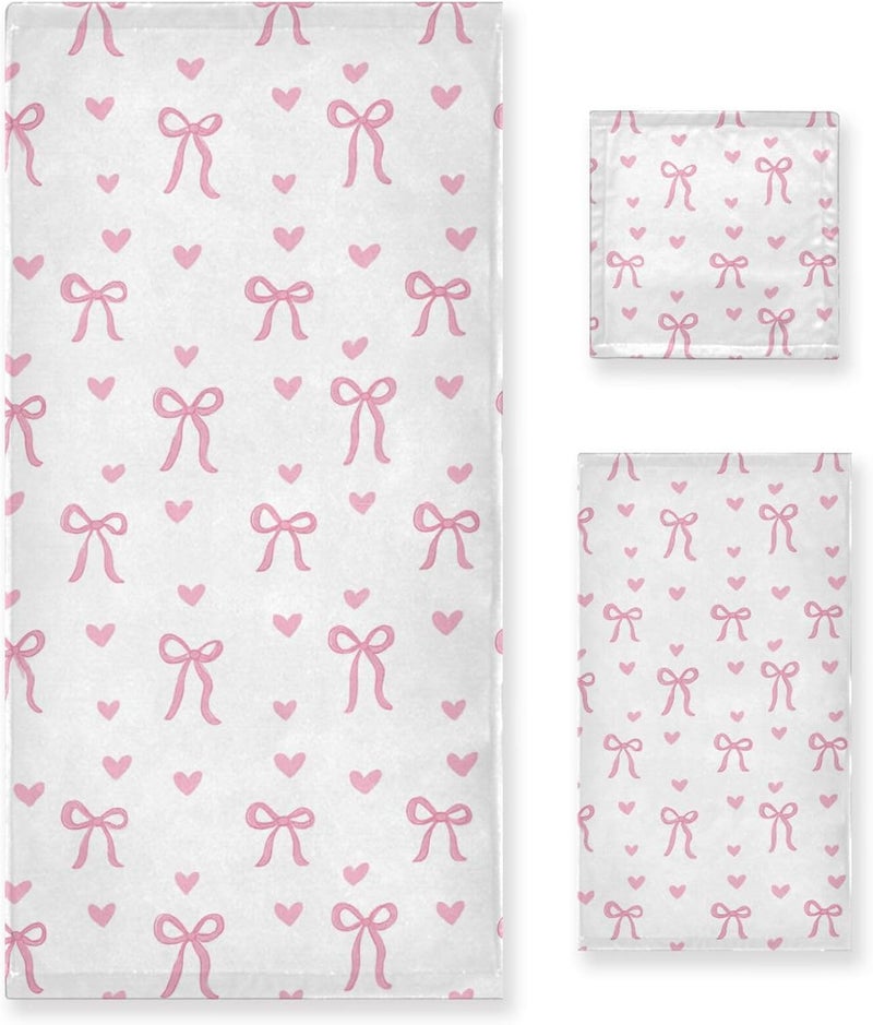 Dussdil Hearts Pink Ribbon Bow Bathroom Towel Set of 3 Pcs Hand Fingertip Bath Towels for Home Bathroom Hotel Gym Swim Washcloth Soft Thin Durable Highly Absorbent Multipurpose Decor - Image 1